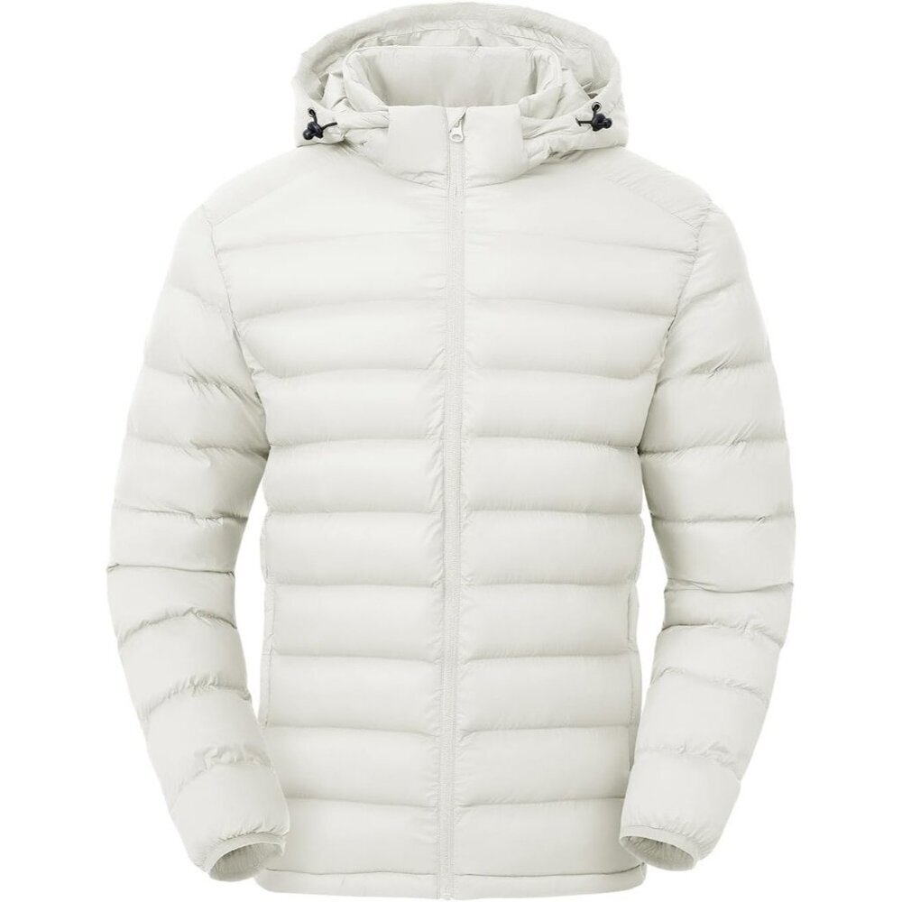 Men’s White 100% Nylon Hooded Zip-Up Lightweight Warm Winter Puffer Jacket